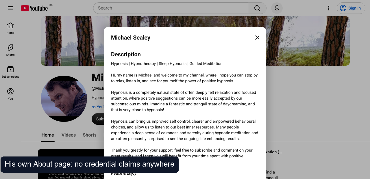 Michael Sealey's YouTube About panel showing his channel description