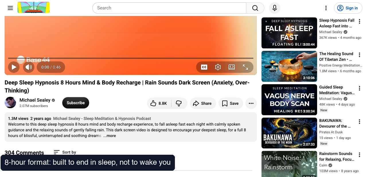 Watch page of the 8-hour Deep Sleep Hypnosis recording