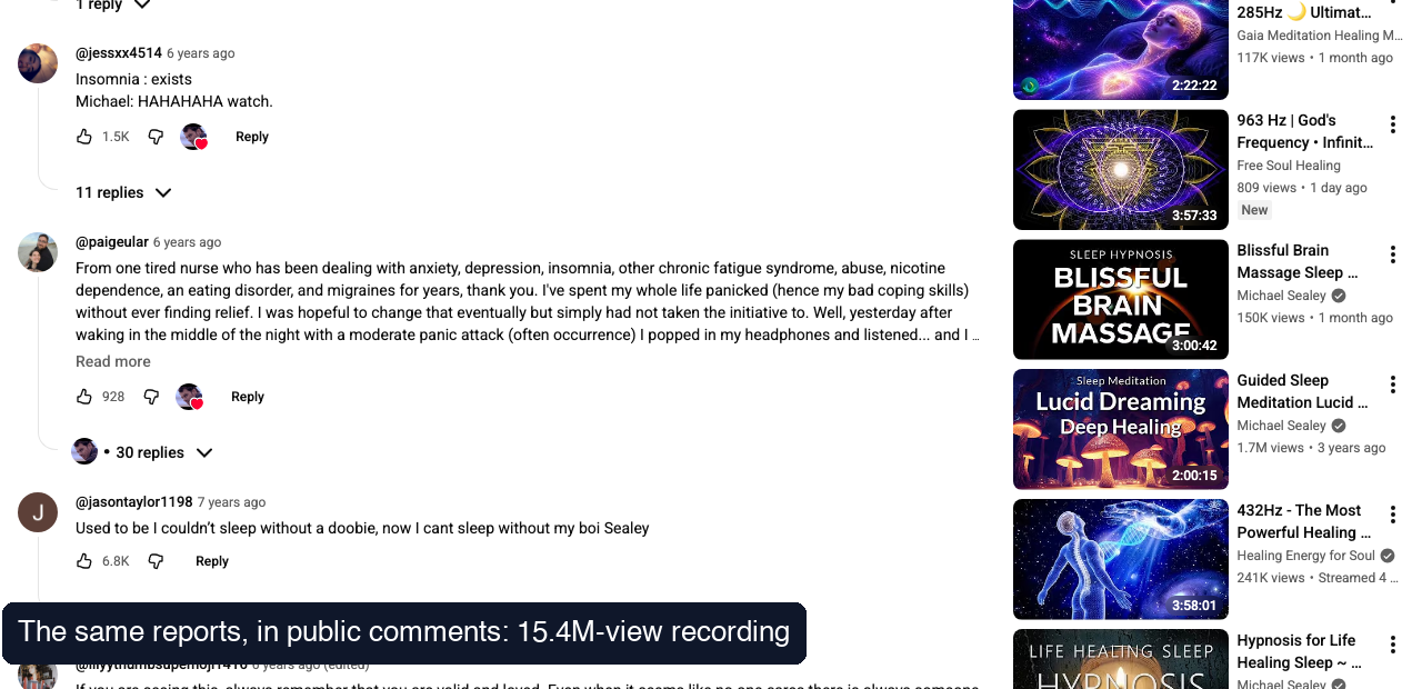 YouTube comments under Calming An Overactive Mind with detailed listener reports