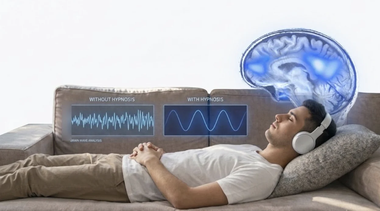A person listening to a hypnosis recording, with a sagittal brain scan illustration above them